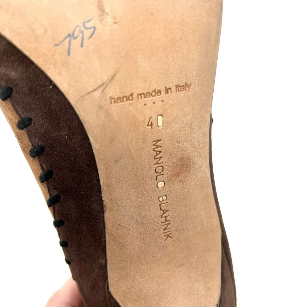 Manolo Blahnik Western Suede Kitten Low Heels Pumps Brown Tan Pointed Toe 40 10